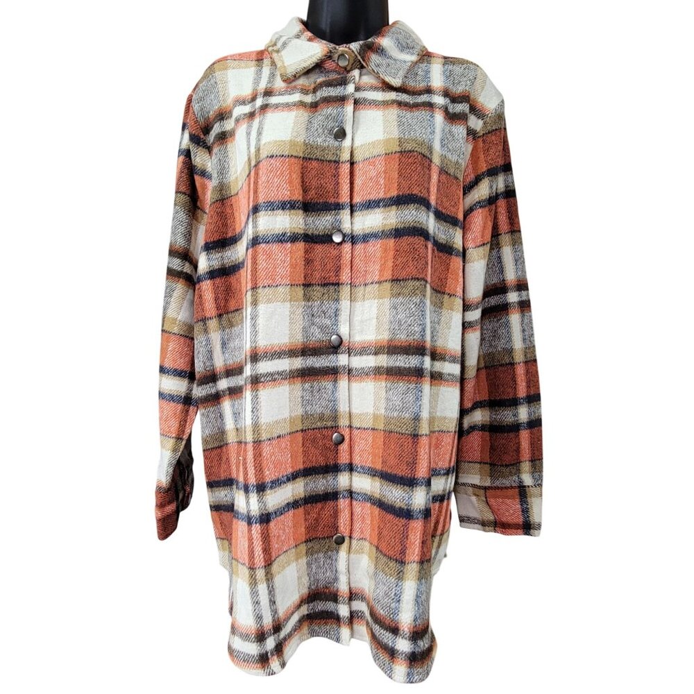 Blue B Shacket Plaid Button-Down Shirt  Jacket Rust Brown Flanne  Womens Lg New
